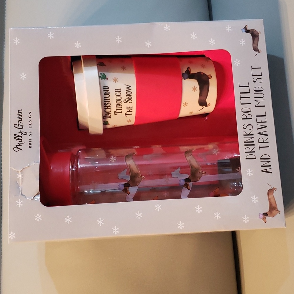 Dachshund water bottle and travel mug hydration gift set NWT